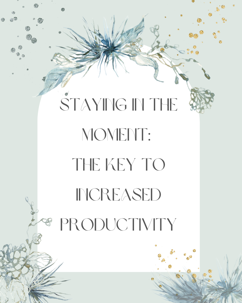 Pale mint green background with gold and silver spatters and spiky foliage around edge. On the centre is a white arched area with text that reads "Staying in the Moment: The Key to Increased Productivity"